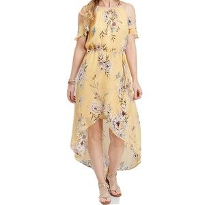 Maurices Women’s Hi Low Maxi Dress Size 3X Yellow Floral Cold Shoulder Boho NWT